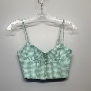 Zara Mint and Cream Gingham Front Clip Smocked Crop Top